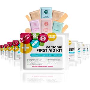 Personal First Aid Kit- 10 PACK | Clean, Treat, Protect Minor Cuts, Scrapes and Burns | Perfect for Home, Office, Car, School, Business, Camping | Individually wrapped First Aid Products (Multi-Color)