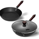 FGJ 13 Inch Wok with Lid and 12 Inch Sikllet, Cookware Set, Carbon Steel Woks &Stir-fry Pans Nonstick and Frying Pan, Pre-Seasoned 5.8QT Flat Bottom Chinese Paella Pan, Compatible with All Cooktops