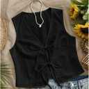 Women's Summer Bow Tie Front Vest Top Deep V Neck Sleeveless Tank Going Out Tops (Black, M)