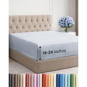 Extra Deep Queen Fitted Sheet - Hotel Luxury Single Fitted Sheet Only - Easily Fits 18 inch to 24 inch Mattress - Ultra Soft, Wrinkle Free with Extra Deep Pockets - Breathable & Comfy - Blue Stripes