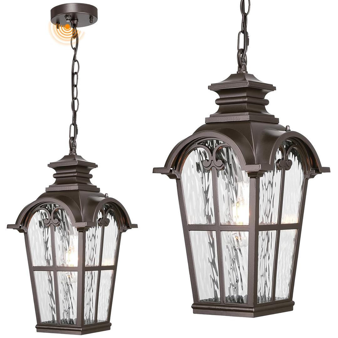 NAXTTII 18.5 Inch Large Outdoor Pendant Lights Waterproof Aluminum Hanging Lantern Light with Water Ripple Glass Oil Rubbed Bronze Outdoor Chandelier for Porch Yard Gazebo