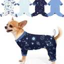 Bienbee Dog Pajamas, 4 Pack Dog Recovery Suit Shedding Suit Cute Soft Puppy Clothes Dogs Pjs Onesies Jammies Adjustable Breathable & Stretchy Clothes for Small Medium Large Dogs Girl Boy Puppy, XS (Dinosaurs,Planets,Blue,Light Gray)