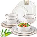GBHOME Ceramic Dinnerware Sets,12 pcs Embossed Elegant Stoneware Plates and Bowls Sets, Housewarming Wedding Gift | Dishwasher & Microwave Safe | Dishes Set Service for 6