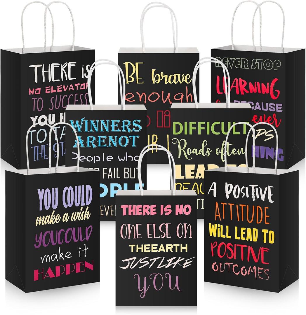 Berlune 24 Pcs Motivational Black Gift Bags with Handles Black Paper Bags Inspirational Quote Small Gift Kraft Paper Pack with Handles for Retail, Business, Party Favors