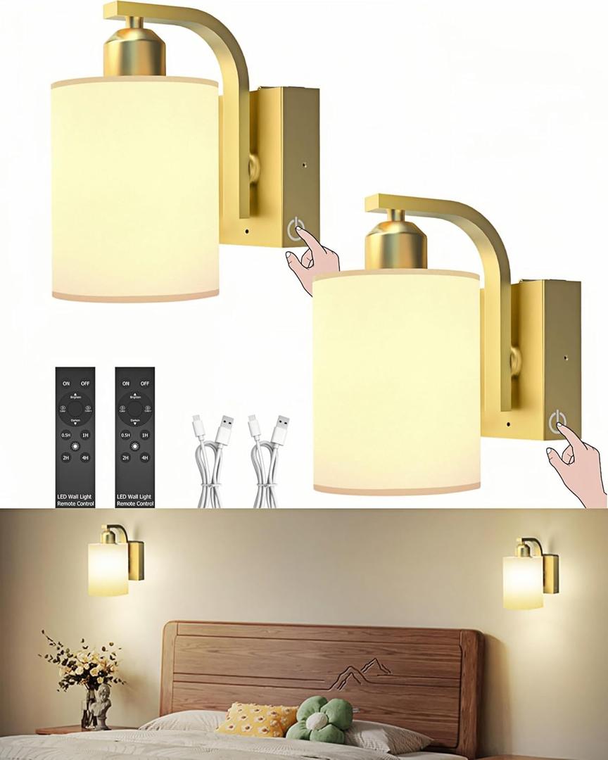iThird Battery Operated Wall Sconces Set of 2: 6000mAh Rechargeable Wall Light with Touch and Remote, Wireless Wall Lamp for Bedroom, Gold Modern Cordless Wall Scones for Living Room Hallway Bathroom (Gold 8 Inch)