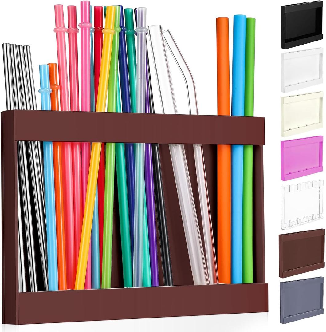 Qinyoung Acrylic Straw Holder for Cabinet Door with Double Sided Adhesive Tape Reusable Straw Organizer Tumbler Storage Kitchen Accessories Container for Counter Cupboard(Classic,Large,Brown)