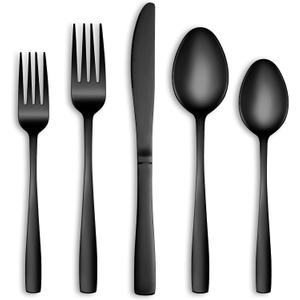 30 Pcs Black Silverware Set, Stainless Steel Flatware Set Service for 6, Mirror Polished Cutlery Utensil Set, Durable Home Kitchen Eating Tableware Set, Include Fork Knife Spoon Set, Dishwasher Safe (Square-30 Pieces)