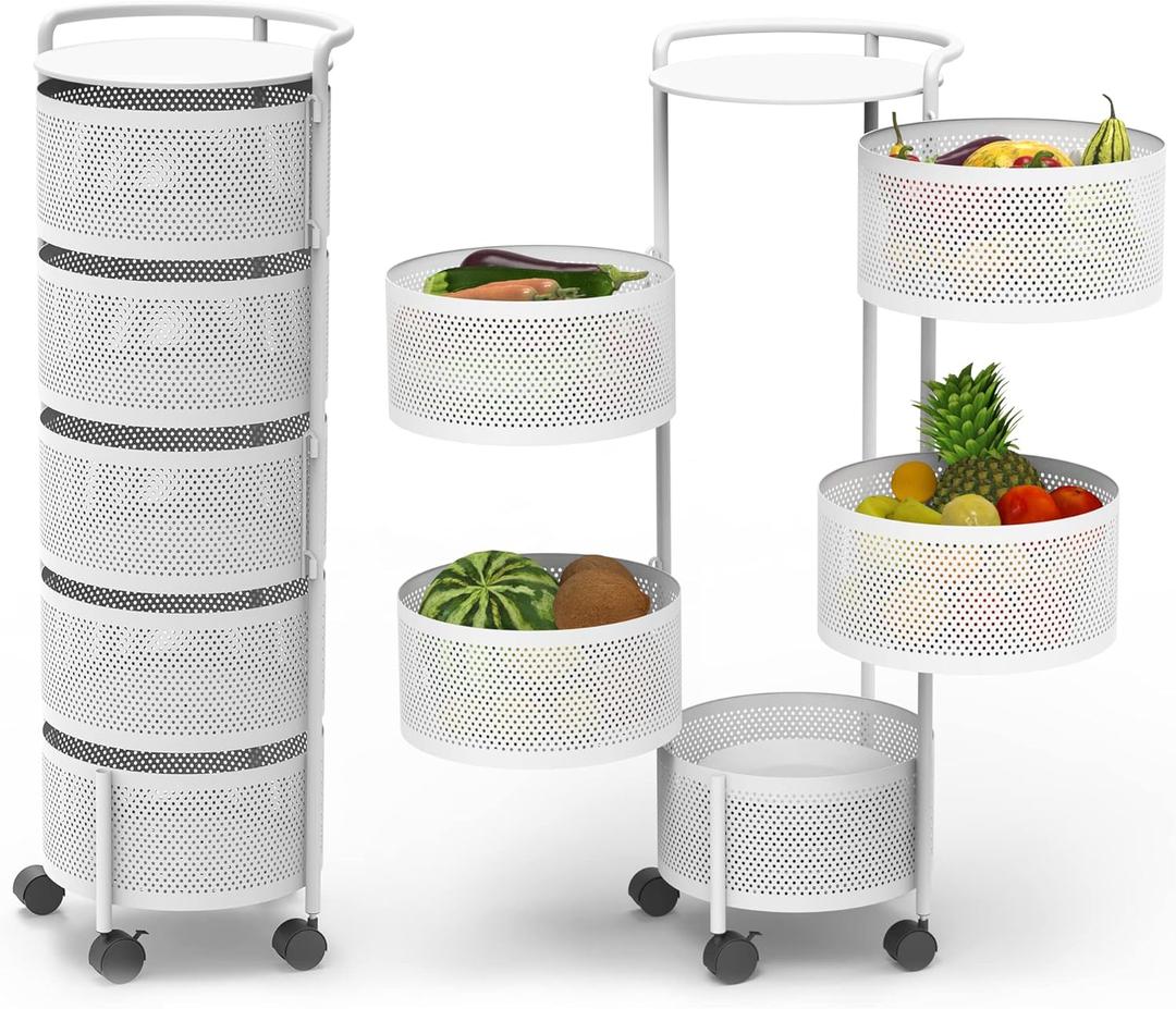 JAQ Rotating Fruit Basket, 5-Tier Metal Sturdy Kitchen Storage Rack Shelf Carts No Assembly on Rolling Wheels for Fruit Vegetable Grocery Corns Potato Onion (White, 5-Tier)