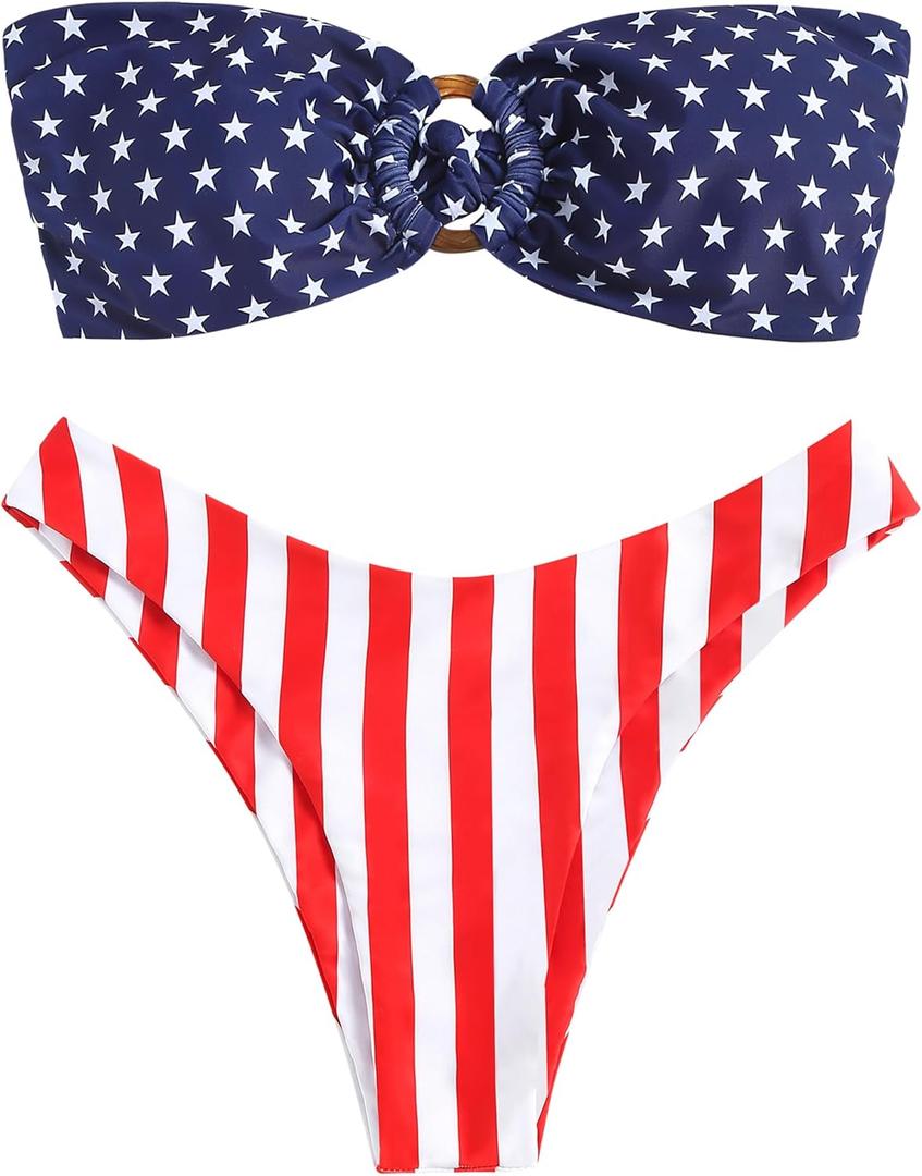 ZAFUL Women's Bandeau Bikini O Ring Strapless Tie Back High Cut Two Piece Swimsuit Bathing Suits (Medium, 5-flag1) ZAFUL Women's Bandeau Bikini O Ring Strapless Tie Back High Cut Two Piece Swimsuit Bathing Suits (Medium, 5-flag1)