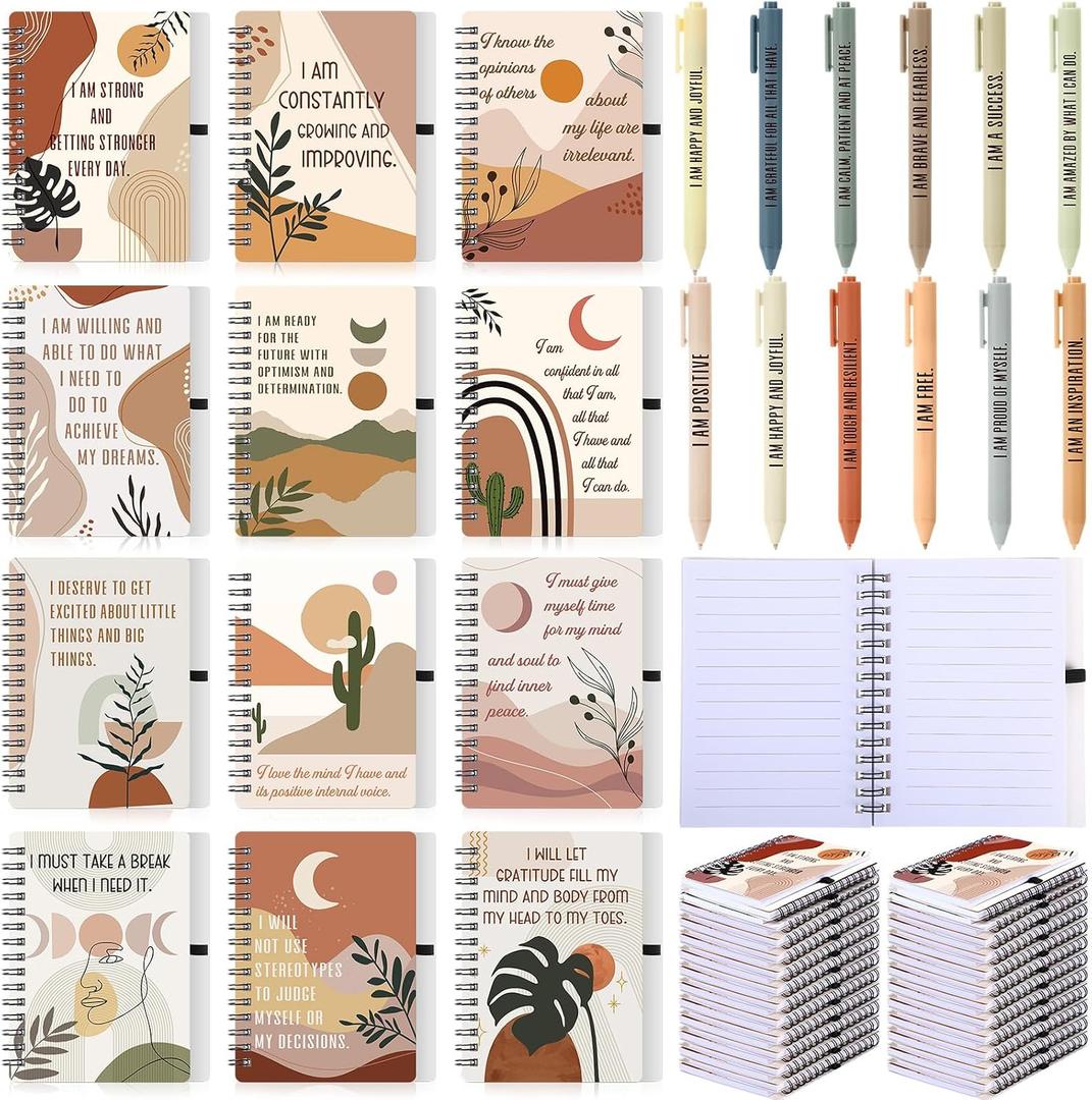 Kosiz 24 Pcs/12 Set Positive Affirmation Gifts Bulk for Women Gratitude Spiral Journals with Pens Motivational Notebooks Back to School Gifts for Students Employee Coworker Teacher Nurse (Boho)