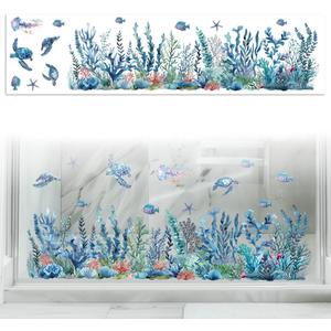 Peacoblue Window Static Cling Decal Sticker Double-Sided for Large Glass Car Windows, 1 Sheet Coral and Fish 47.2"x11.8" Waterproof Removable Window Decal for Home Office Classroom Decoration