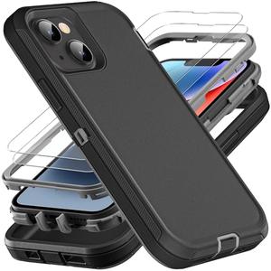 YKHJKLEC iPhone 13/14 Military Grade Case, 3 in 1 Heavy Duty Shockproof/Drop Proof/Dust Proof With 2Pcs Tempered Glass Screen Protector (Black/Grey)