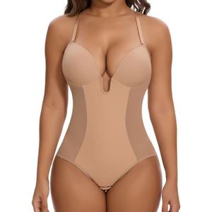 SHAPERIN Women's Backless Shapewear Tummy Control Body Shaper Bra Faja U Plunge Low Back Shapewear Bodysuit (Small, Nude)