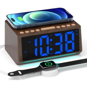 Retro Digital Alarm Clocks for Bedrooms with Large Numbers, Desk Clock with Wireless Charging Station, 7 Mood Lights, Dimmer, Snooze, 12/24H, Loud Alarm Clock for Heavy Sleepers Adults, Vintage Dcor