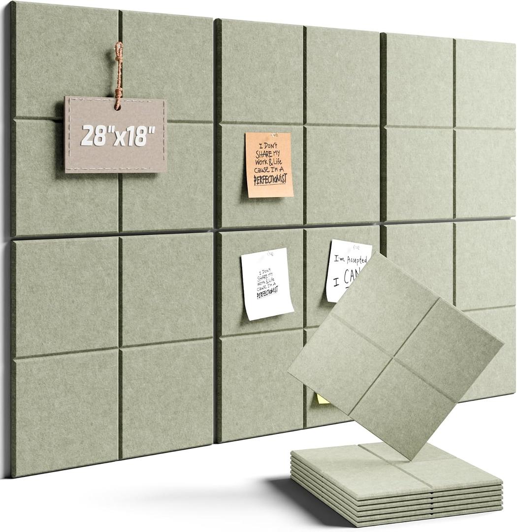 Felt Bulletin Board Tiles -28"x18" Cork Board Alternative for Office Decor, Push Pin Board Wall Organizer 6-Pack - Sage