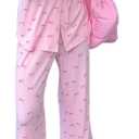 Women Bow Pajamas Long Sleeve Button Down Shirt Top Loose Pants Holiday Sleepwear Cute 2 Piece Sets (Large, Pink)
