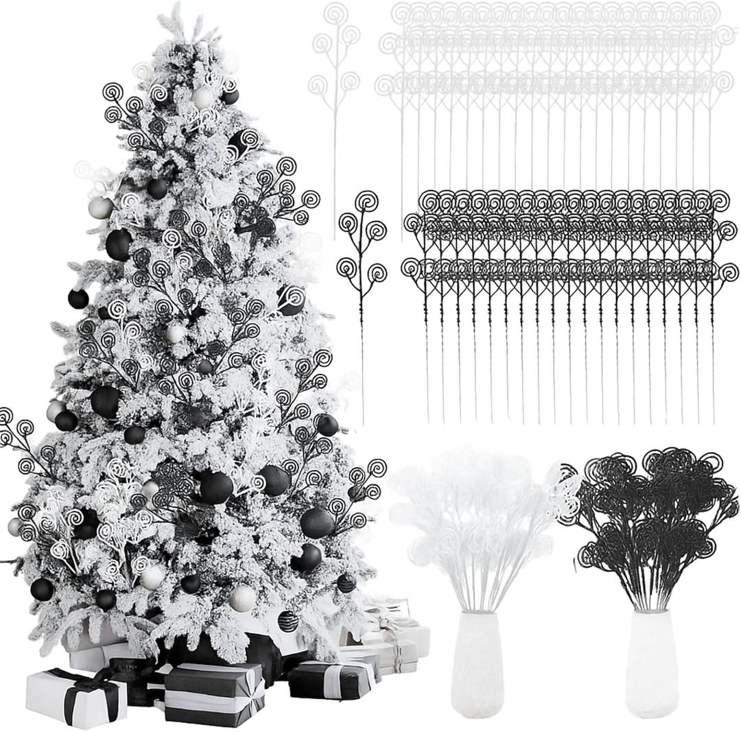 Riceshoot 50 Pcs Christmas Tree Picks and Sprays Artificial Glitter Stem Ornaments Curly Decorative Sticks for Vases Tall Candy Christmas Tree Twigs for Wedding Holiday Party Decoration(Black,White)