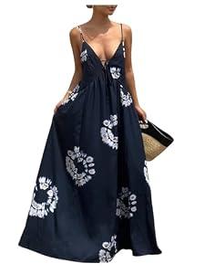 SOLY HUX Women's Boho Floral Print Backless Maxi Dress Tie Front Deep V Neck Sleeveless A Line Flowy Dresses Dark Blue Print Small