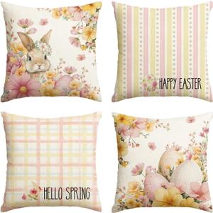 2 x AVOIN colorlife Happy Easter Eggs Bunny Plaid Throw Pillow Covers, 18 x 18 Inch Hello Spring Floral Cushion Case Decoration for Sofa Couch Set of 4