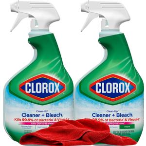 Clorox Clean-Up Cleaner Bleach Spray, 2 Pack, All Purpose Bleach Spray Trigger, Disinfects Kitchen,Bathroom,Tiles,Original Scent, Mold & Mildew Cleaner, 32 oz. Each plus red Microfiber Cleaning Cloth