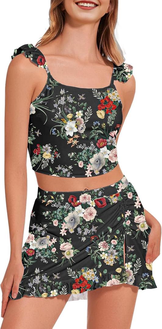 Women Swimsuits with Skirts 2 Piece Bathing Suit with Skirted Bottoms Cute Modest Swimsuits (Large, Black Flower Print)
