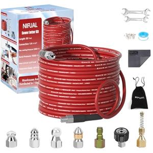 NIFUAL Pressure Washer Cleaning Kit Sewer Jetter Kit for 1/4 Inch NPT Corner Max Working Pressure Drain Cleaner Hose 5800 PSI Durable Sewer Blasting Hose 5 Sewer Blasting Nozzles (50FT)