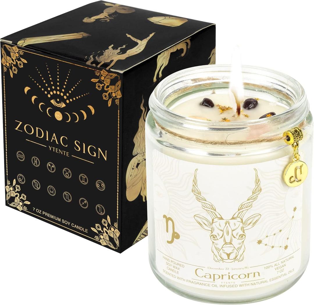Capricorn Zodiac Sign Candles Gift, Zodiac Crystals Candles Jar, Astrology Lavender Scented Soy Stones Candles Best Friends Gifts for Women Men Sister Brother Funny Birthday Gift
