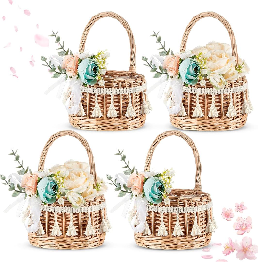 Thyle 4 Pcs Rattan Woven Flower Basket for Wedding Handwoven Rustic Wicker Floral Storage Basket with 4 Pcs Artificial Flowers Decorative and Handle for Home Wedding Birthday Decor