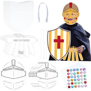 Landhoow 12 Pack Kids DIY Knight Craft Kit - Includes 12 Blank Shields, 12 Masks, 12 Belts & 288 Gem Stickers, Large Cardboard Sword and Sorcery Party Supplies for Birthday, Dress Up