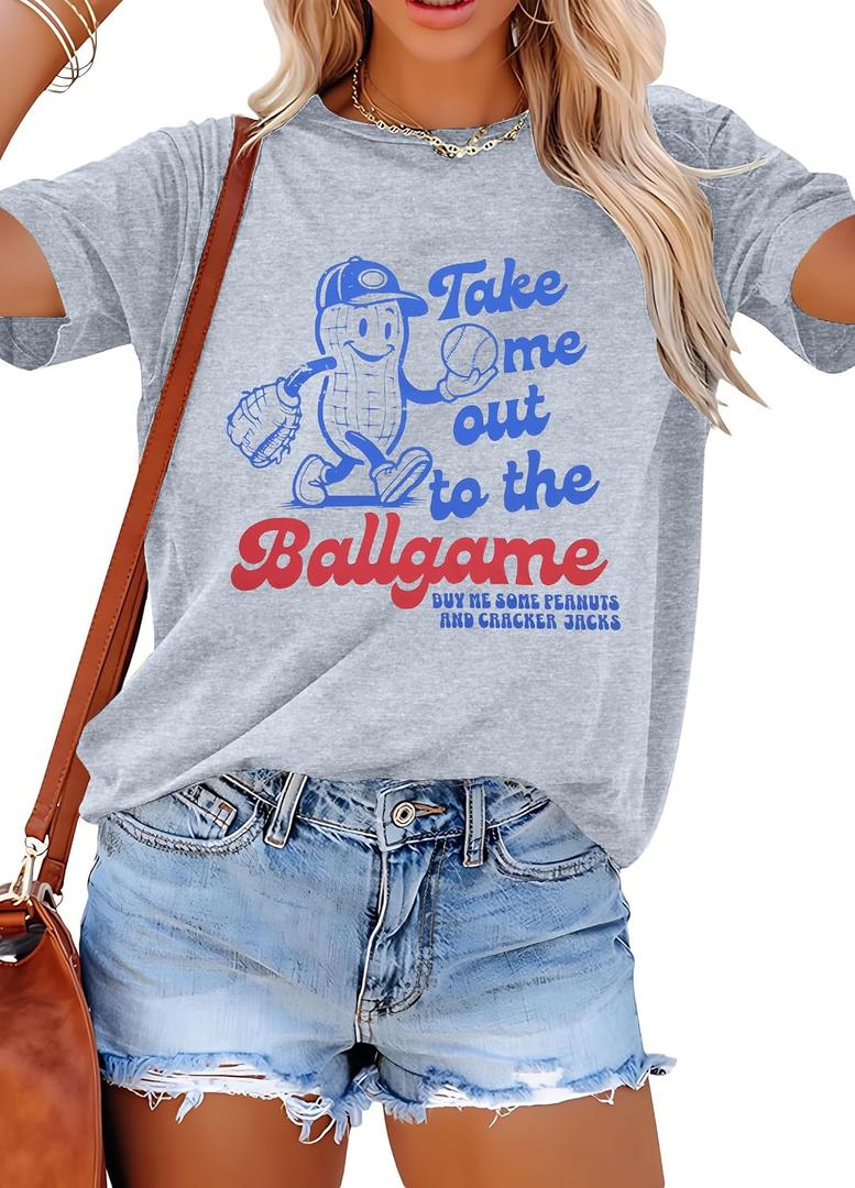 ALLTB Baseball Shirts Women Funny Baseball Mom Shirt Ballgame Graphic Tshirt Game Day Fan Tee Casual Short Sleeve Top (Gray, M)