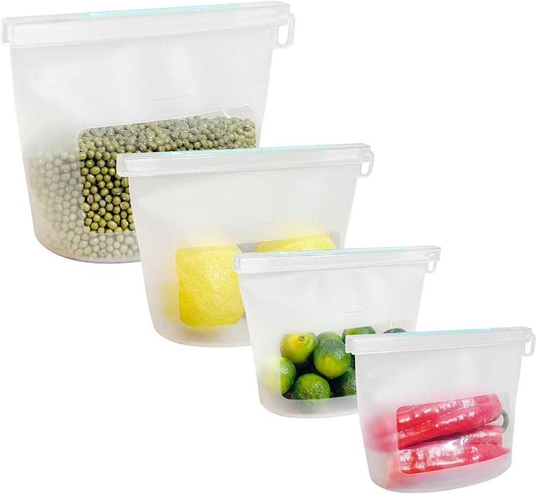 Reusable Silicone Food Storage Bags (Set of 4), Dishwasher Oven Microwave Freezer Safe, Eco-Friendly Leakproof Sous Vide Bags, Premium Lunch Containers, 2 Sandwich 1 Lunch & 1 Half-Gallon, Clear