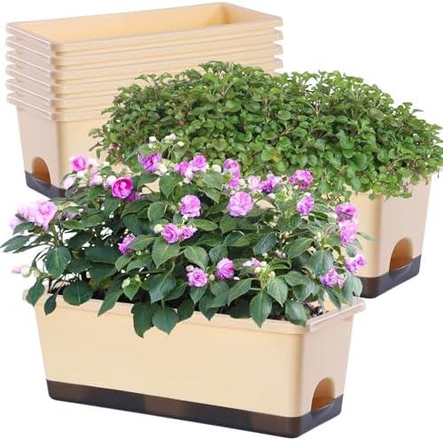 Oliz Window Box Planter 8 Pcs, 17 Inches Rectangle Flower Pots with Drainage Holes & Trays, Vegetable Planters for Windowsill Patio Garden Balcony Home Indoor Outdoor (Barley Yellow, 16 * 7 * 6 inch)