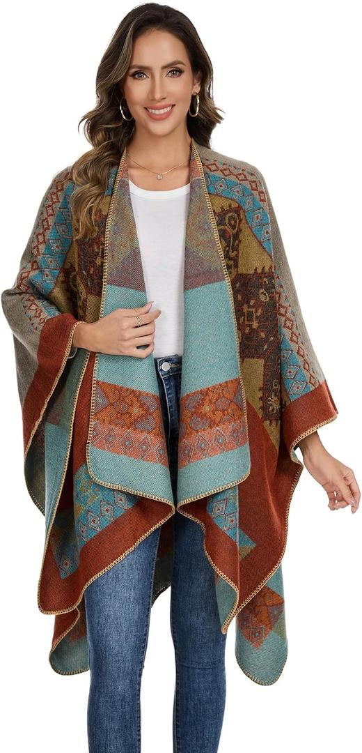Shawl Wraps for Women, Elegant Knitted Cape Open Front Poncho Scarf Blanket Cardigan Coat for Spring, Autumn, and Winter (Orange Blue 2)