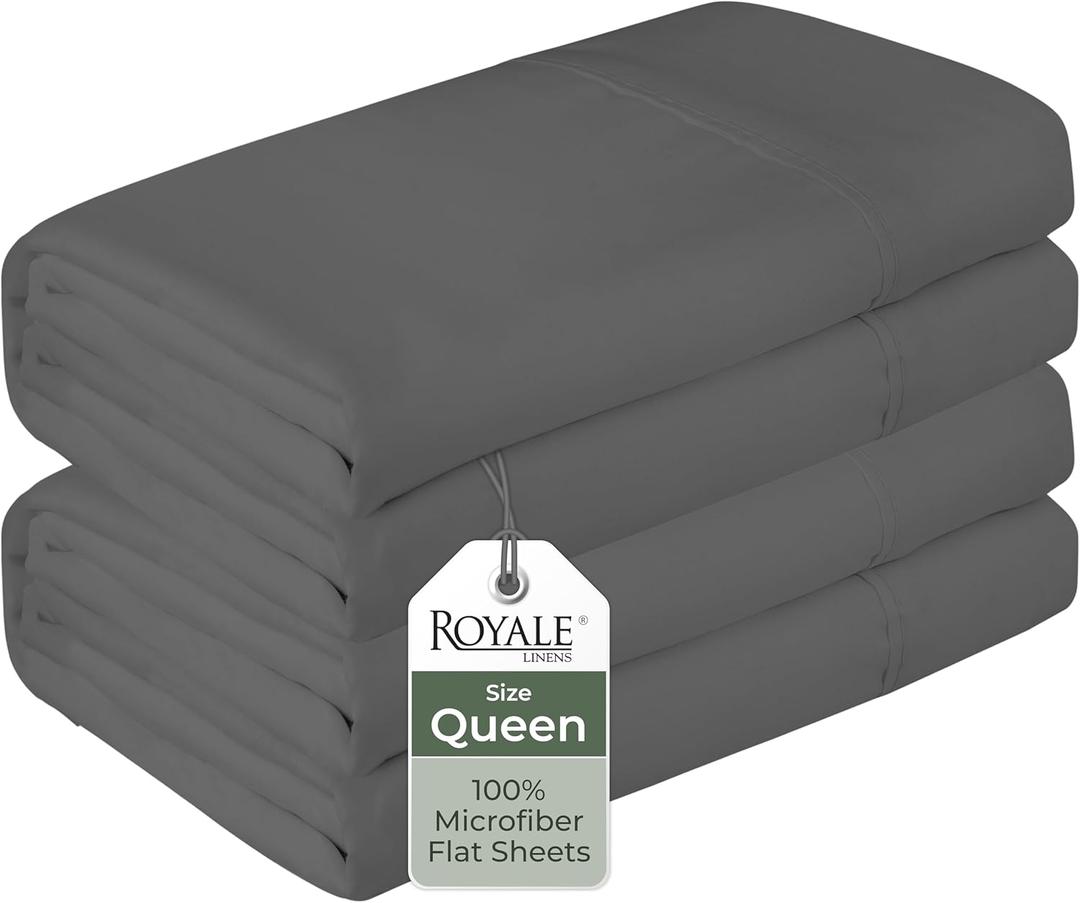 Royale Linens 2 Pack Bulk Flat Sheet Set - Top Sheets - Soft 1800 Microfiber - Wrinkle & Stain Resistant - for Hotel, Massage Table, Hospital, Dorm - Queen Flat Sheet Sold Separately (Queen, Grey)