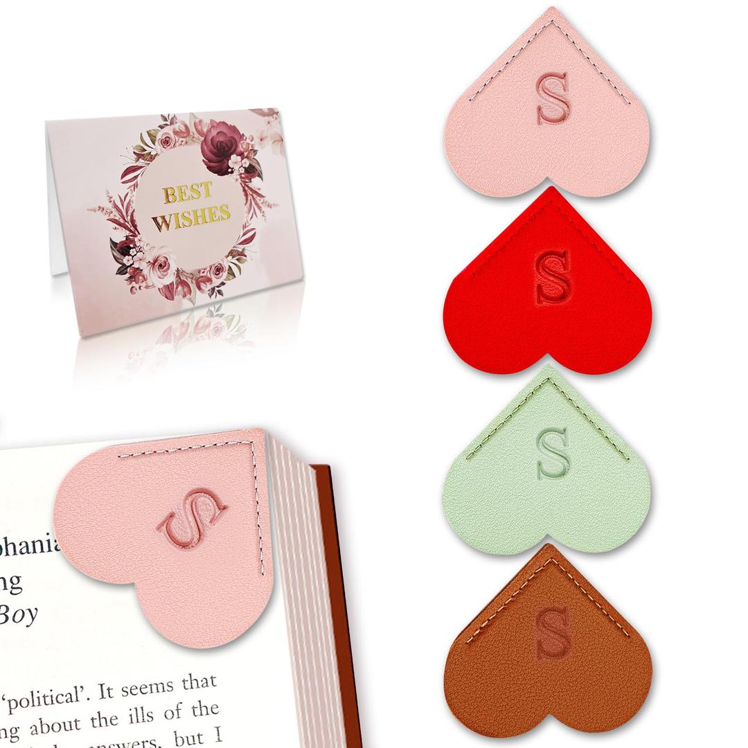 2 x Personalized Leather Heart Bookmark with Initial, Cute Letters Custom Corner Book Mark for Reading Women, Student, Book Lovers, Teacher Appreciation Gifts (Red+Brown+Pink+Honeydew Green, J)