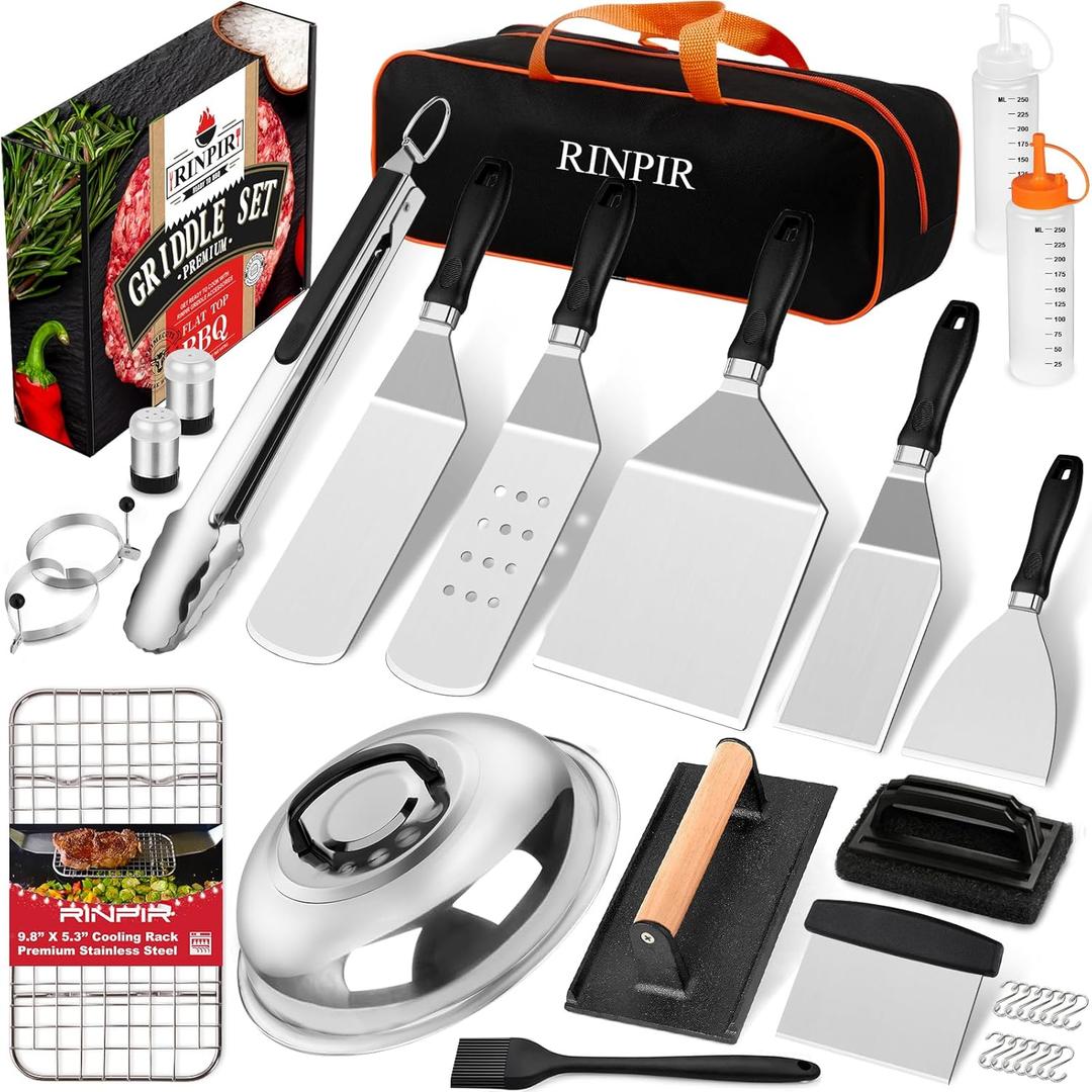 RINPIR 33PCS Griddle Accessories Kit for Blackstone, Flat Top Grill Accessories Tools with Cooling Rack, Melting Dome and Burger Press, Professional Hibachi Spatula Gift Set for Outdoor Teppanyaki BBQ