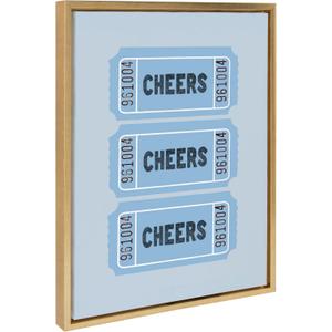 Kate and Laurel Sylvie Cheers Blue Ticket Framed Canvas Wall Art by Alli Standefer; 18x24 Bright Gold; Admission Ticket Art for Wall (18L" x 24W")