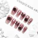 JODSONE Press on Nails 3D Handmade Square Crimson with Flower Knot Rhinestone Fake Nail Tips - Medium