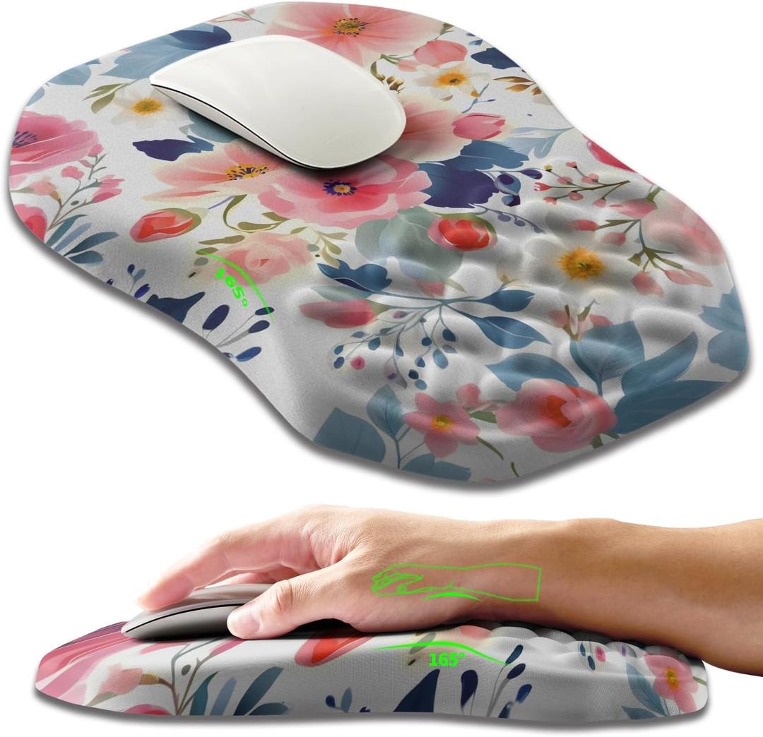 Ergonomic Slope Mouse Pad Wrist Support, Wrist Rest Mousepad for Carpal Tunnel Pain Relief with Massage Bulge and Slow Rebound Memory Foam (12x8 inch, Pink Floral), Extended