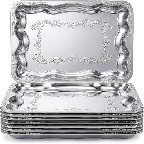 FoldTier 8 Pack Silver Serving Trays Set for Party, Butterfly Floral Silver Platter Engraved Mirror Tray, 15.8 x 11.6 Inches Elegant Metal Plate for Christmas Food Appetizer Cookies Desserts