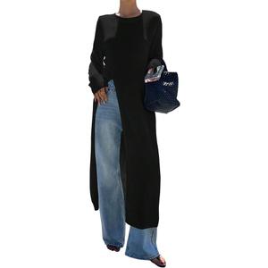 Women Trendy Split Hem Crew Neck Maxi Knit Sweater Casual Loose High Slit Long Sleeve Long Dress Shirt Streetwear (Small, Black)