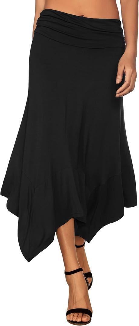 DJT Women's Flowy Handkerchief Hemline Midi Skirt (Medium, Black)
