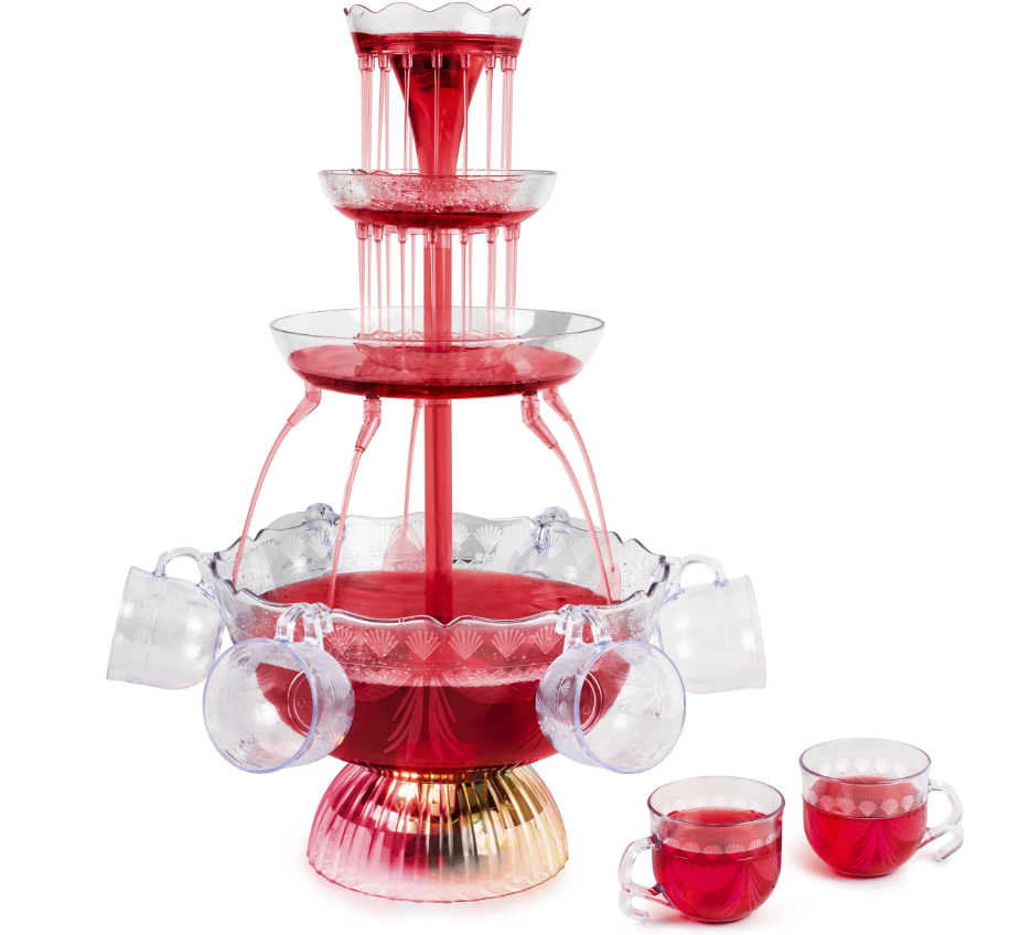 Nostalgia 3Tier Party Fountain Holds 1 Gallon, LED Lighted Base, Includes 5 Reusable Cups, Clear