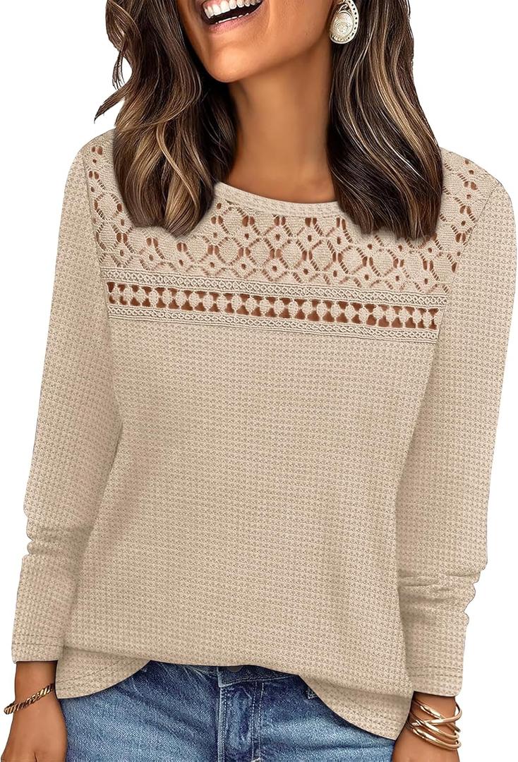 WIHOLL Blouses for Women Dressy Casual Lace Spring Long Sleeve Shirts 2026 Trendy Sweaters Waffle Knit Beach Vacation Clothes, Medium