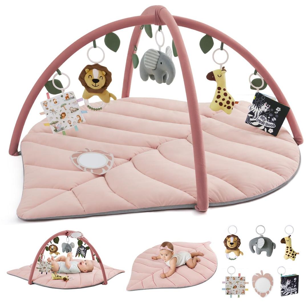 Blissful Diary Baby Play Gym & Activity Mat, Oversize Leaf Shaped Tummy Time Baby Play Mat w 6 Detachable Toys Promotes Motor Skills & Sensory Development, Newborn Infant Essentials Gift, Crystal Pink