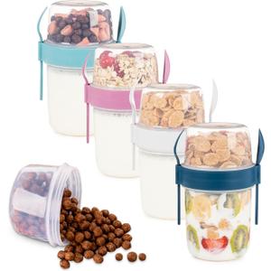 4 Pack On The Go 37 oz Breakfast Cups with Lids and Spoon, Reusable Cereal Yogurt Cup with Topping Plastic Overnight Oats Container for Granola Oatmeal (37 oz- 4 Pack)