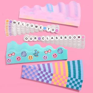 3 x xo, Fetti Bulletin Board Trim Set, 103 feet, 88 Pieces | Chalkboard Border, Classroom Decorations, Pastel School Sign, Friendship Bracelet Banner, Teacher Supplies