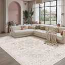 8x10 Beige Multi Washable Area Rug for Living Room Bedroom Neutral Floral Soft Low Pile Lightweight Throw Rug Non Slip Distressed Carpet Dining Room Nursery Classroom Playroom Home Decor