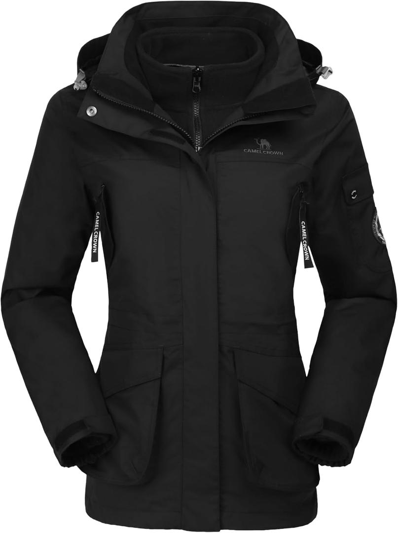 CAMEL CROWN Womens Waterproof Ski Jacket 3-in-1 Windbreaker Winter Coat Fleece Inner for Rain Snow Outdoor Hiking (Black, S)