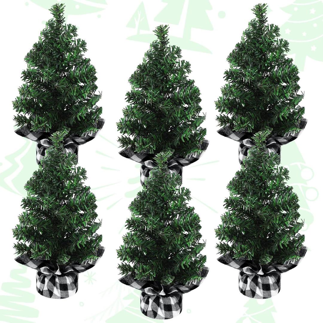 Ceenna 6 Pack 8" Tabletop Mini Christmas Tree with 24 Plaid Bow Miniature Artificial Xmas Tree with Base Table Centerpiece Decor for Christmas Home Indoor Kitchen Dining Table Decor (Black White)